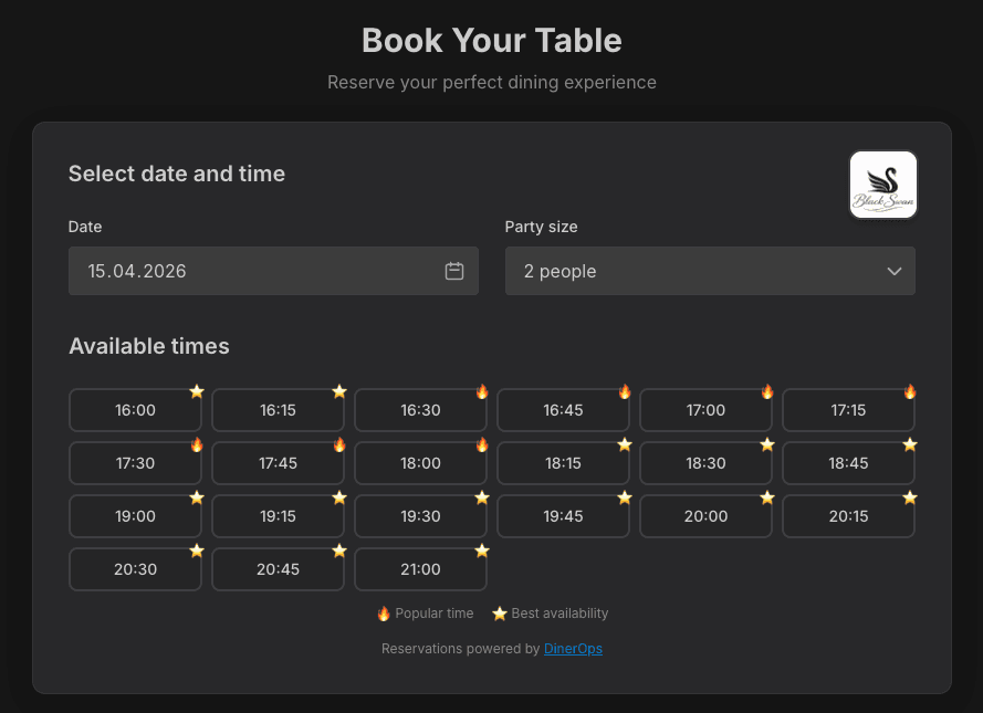 DinerOps booking widget — guests pick a date, party size, and time